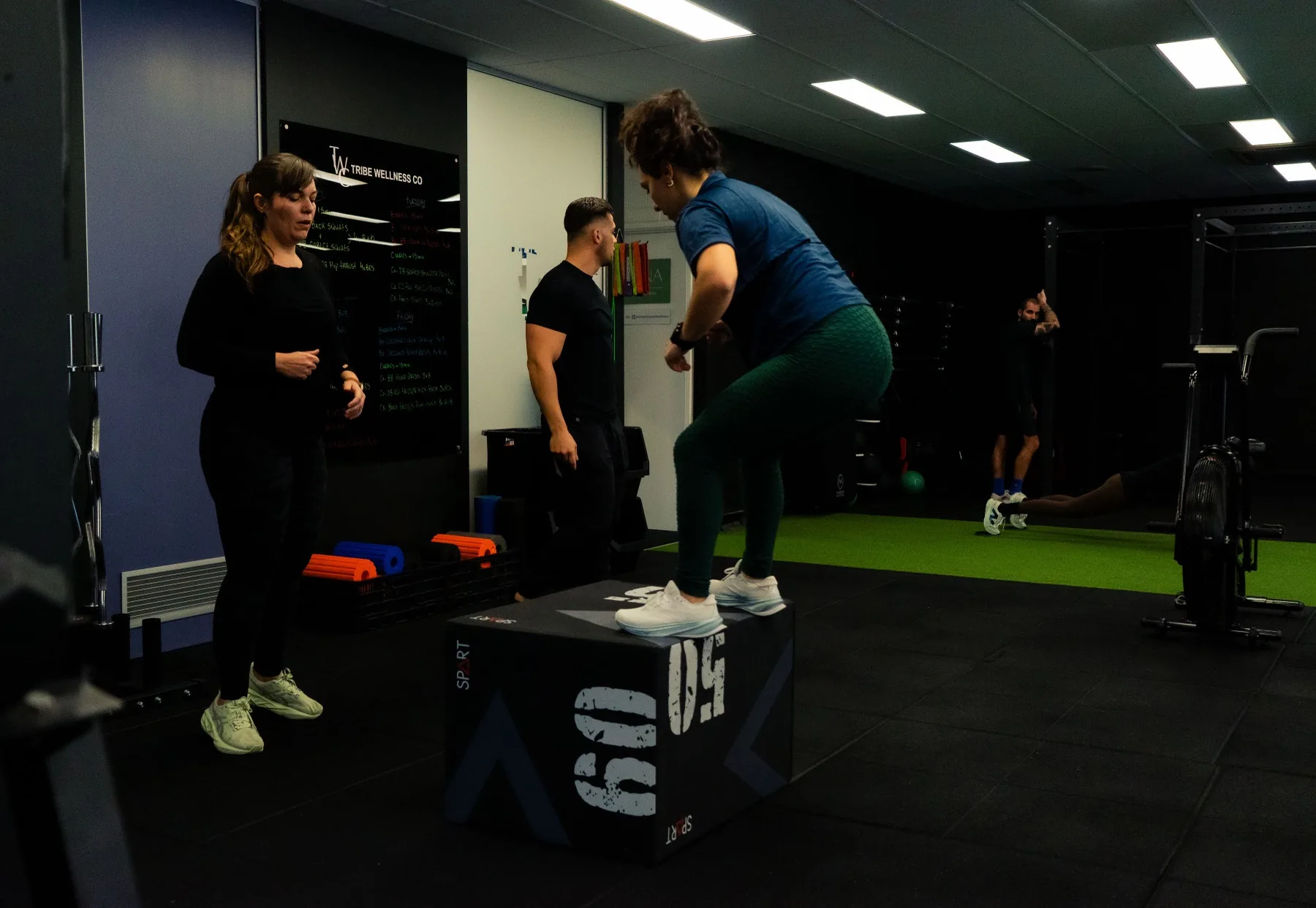 Client stepping onto a plyo box during a group session